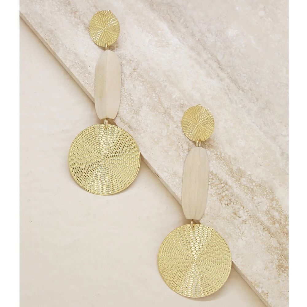 Ettika x Revolve Boho 18K Gold Plated Disc Carved Wood Drop Statement Earrings